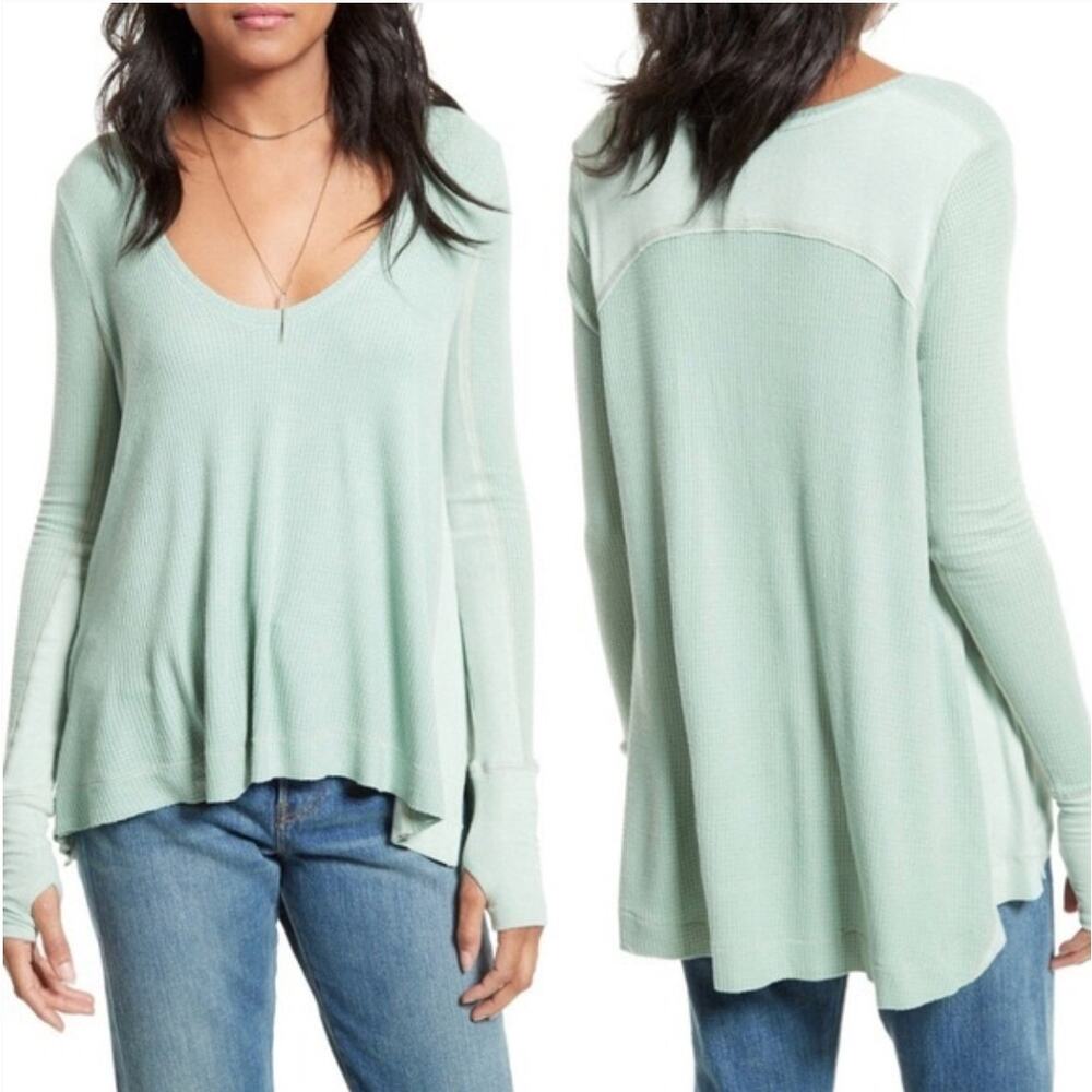 We The Free Malibu Thermal Top Sage Green Waffle Knit Small - Picture 2 of 8